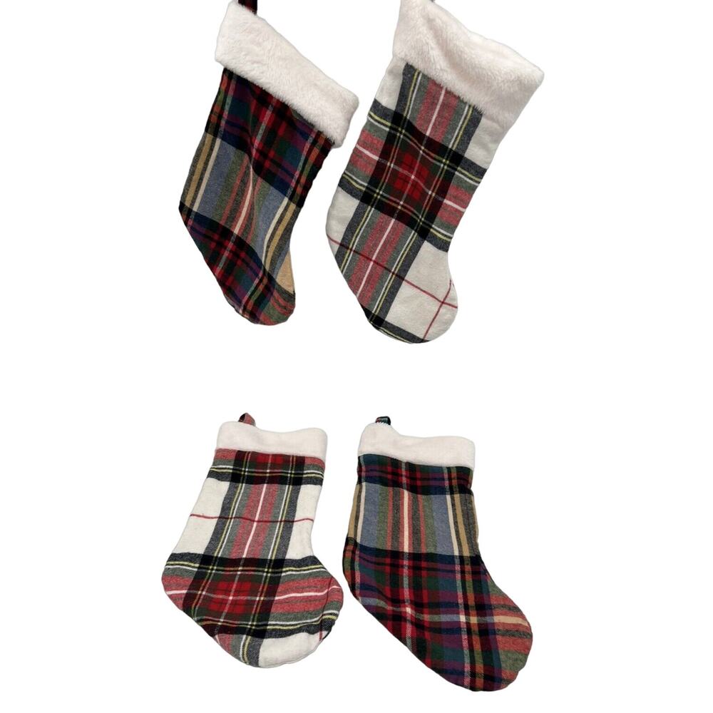 Plaid Christmas Stockings w/ White Plush Rustic Country New Lot of 4